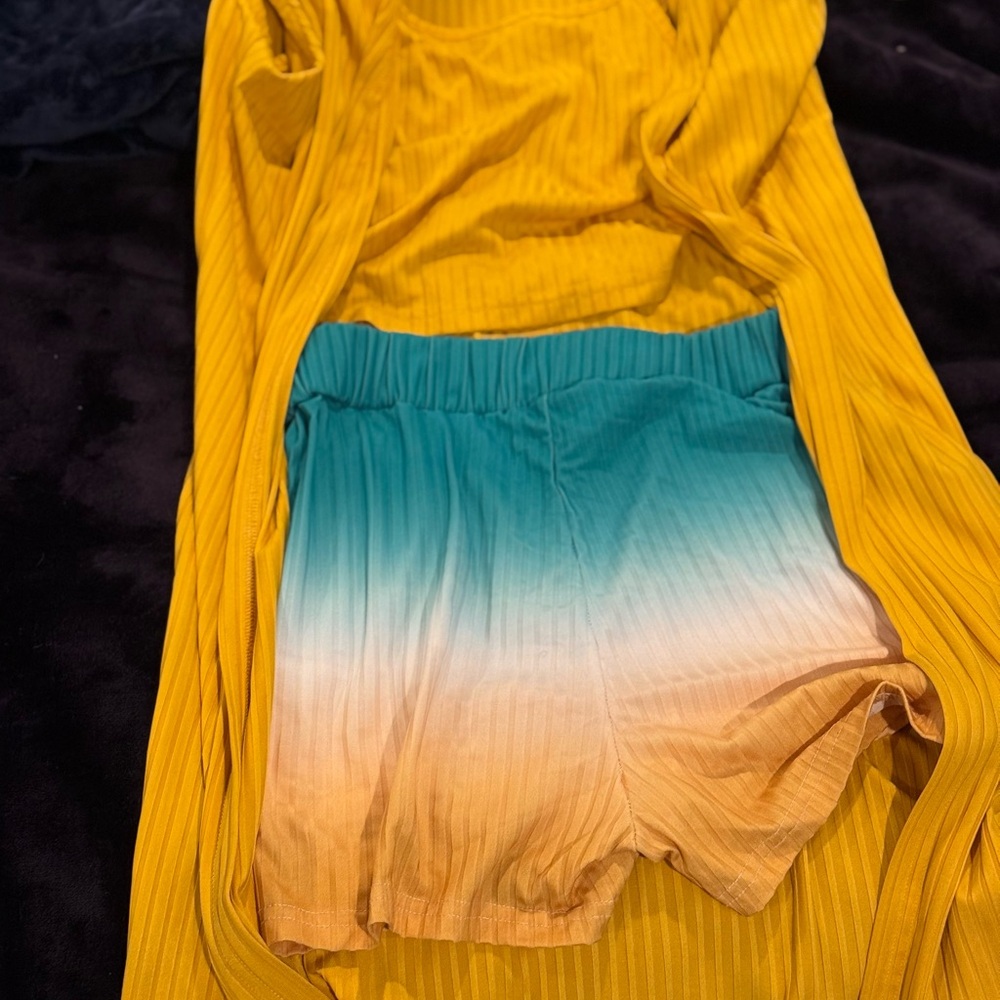 Yellow Cardigan and Ombre Shorts Set